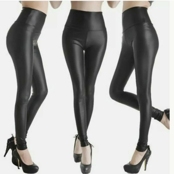Faux PU Leather Skinny Pants High Waist Push Up Butt Lift Stretch Matte Leggings - Picture 2 of 8